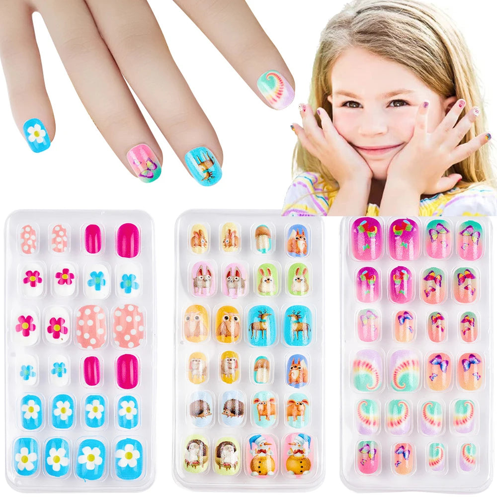 Children Press on Nails,24 Pcs Fake Nails Tips for Kids Acrylic Nails Pre-glue Full Cover Short False Nails Cute Fingernails