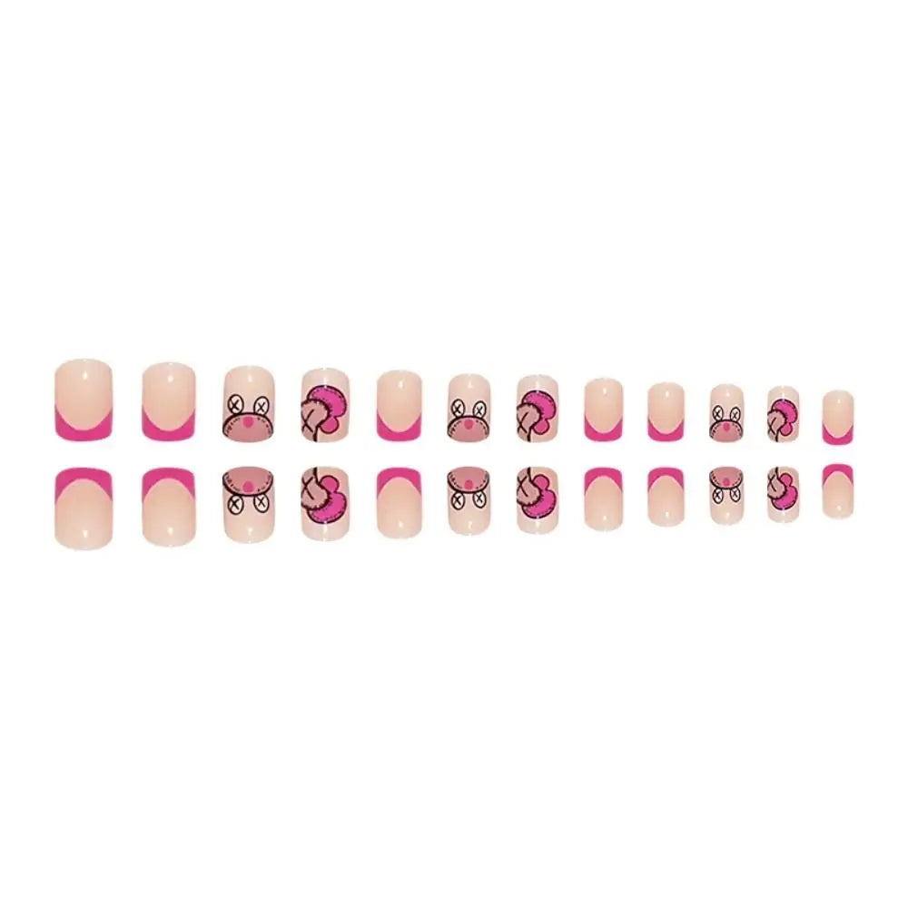 24pcs Manicure Press on Nails DIY Short Square Pink Cartoon Snail False Nails French