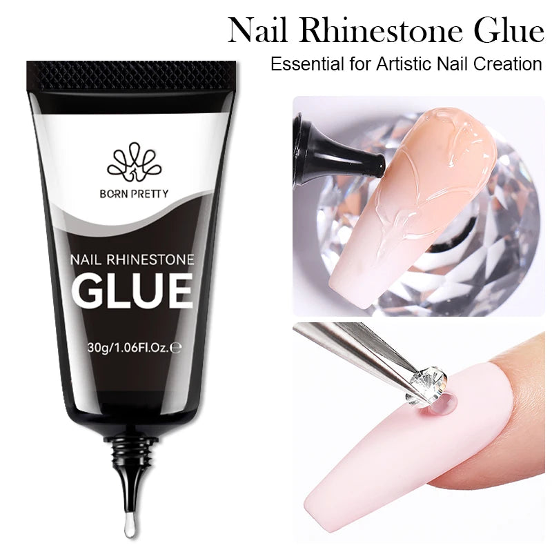 BORN PRETTY 30ML Gel Nail Glue for Rhinestones Nails Super Adhesive NO Wipe Nail Gem Glue for Crystals Beads Diamonds 3D