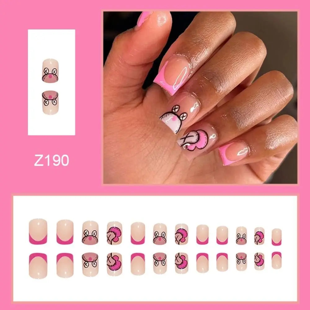 24pcs Manicure Press on Nails DIY Short Square Pink Cartoon Snail False Nails French