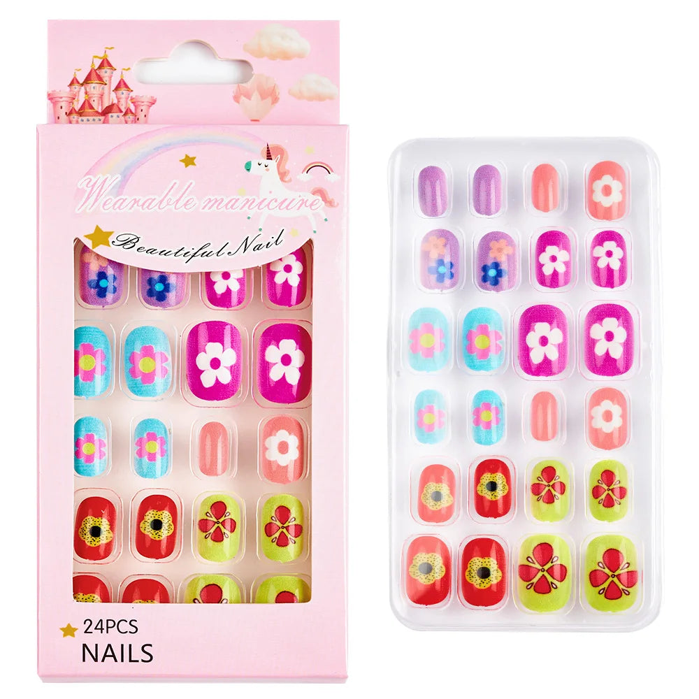 Children Press on Nails,24 Pcs Fake Nails Tips for Kids Acrylic Nails Pre-glue Full Cover Short False Nails Cute Fingernails