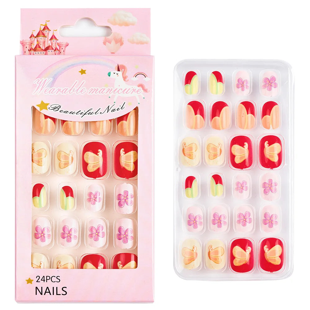 Children Press on Nails,24 Pcs Fake Nails Tips for Kids Acrylic Nails Pre-glue Full Cover Short False Nails Cute Fingernails