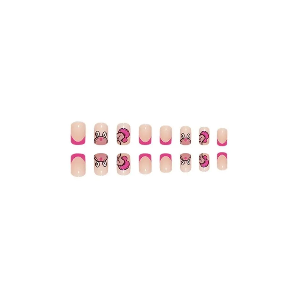 24pcs Manicure Press on Nails DIY Short Square Pink Cartoon Snail False Nails French