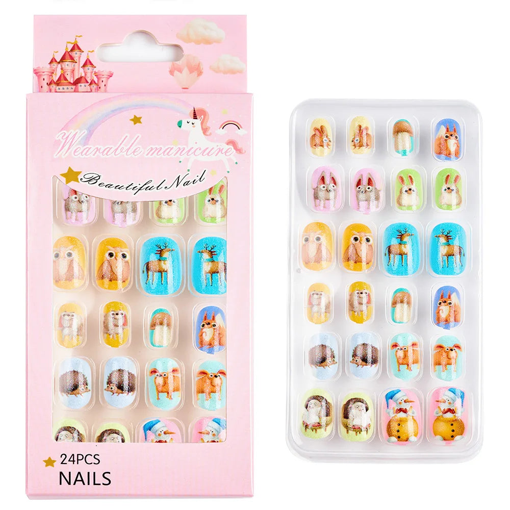 Children Press on Nails,24 Pcs Fake Nails Tips for Kids Acrylic Nails Pre-glue Full Cover Short False Nails Cute Fingernails