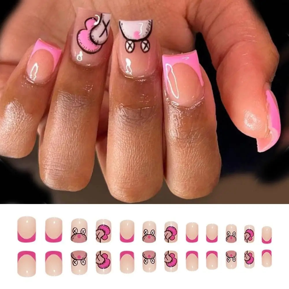 24pcs Manicure Press on Nails DIY Short Square Pink Cartoon Snail False Nails French