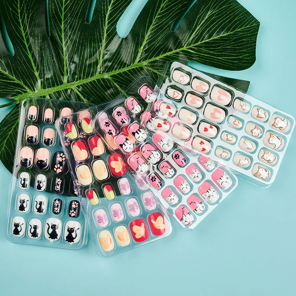 Children Press on Nails,24 Pcs Fake Nails Tips for Kids Acrylic Nails Pre-glue Full Cover Short False Nails Cute Fingernails