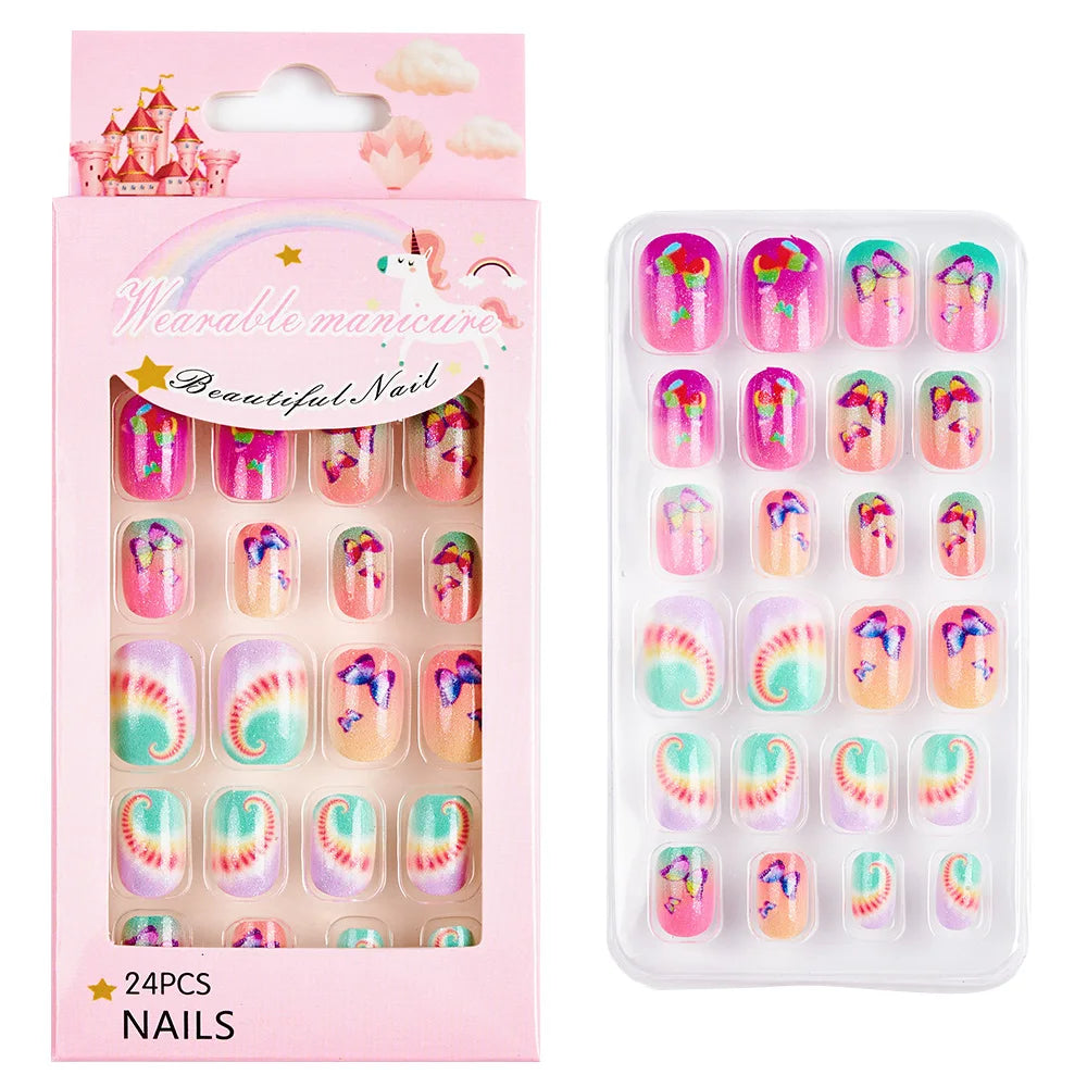 Children Press on Nails,24 Pcs Fake Nails Tips for Kids Acrylic Nails Pre-glue Full Cover Short False Nails Cute Fingernails