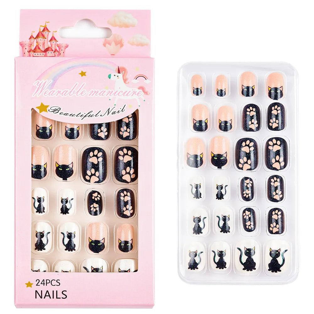 Children Press on Nails,24 Pcs Fake Nails Tips for Kids Acrylic Nails Pre-glue Full Cover Short False Nails Cute Fingernails