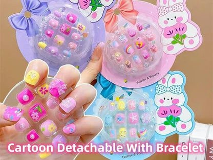 Children Press on Nails,24 Pcs Fake Nails Tips for Kids Acrylic Nails Pre-glue Full Cover Short False Nails Cute Fingernails