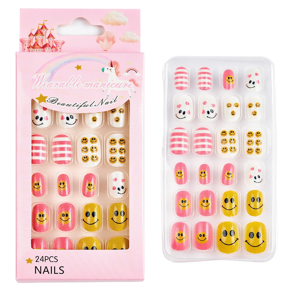 Children Press on Nails,24 Pcs Fake Nails Tips for Kids Acrylic Nails Pre-glue Full Cover Short False Nails Cute Fingernails