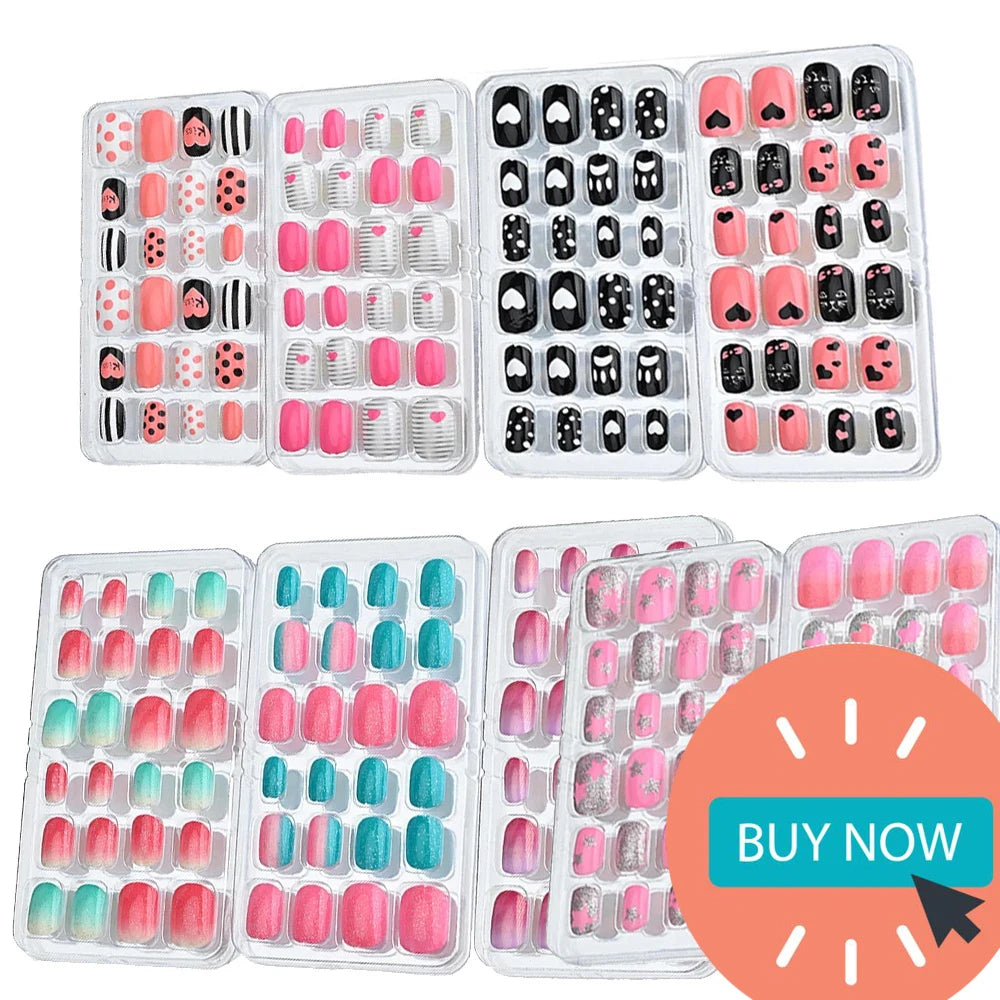 Children Press on Nails,24 Pcs Fake Nails Tips for Kids Acrylic Nails Pre-glue Full Cover Short False Nails Cute Fingernails